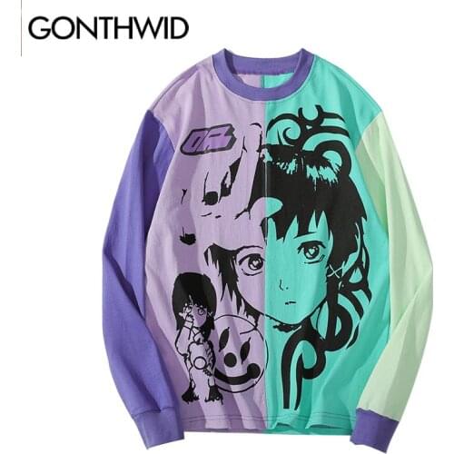 GONTHWID Harajuku Streetwear Tees Shirts Japanese Anime Cartoon Girl Print Color Block Patchwork Tshirts Men Hip Hop Casual Tops