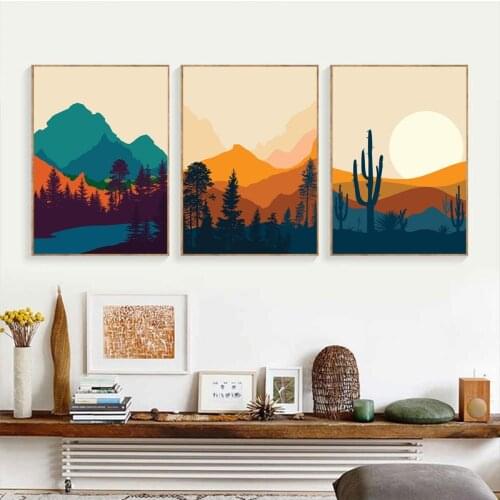 Sunset Landscape Illustration Poster Forest Tree Shadow Canvas Painting Cascading Mountain Picture Living Room Posters and Print