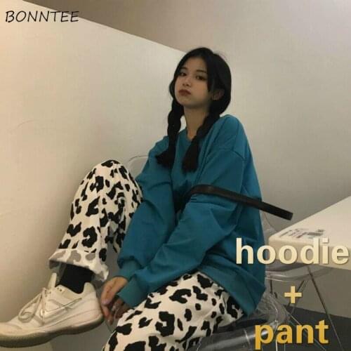 Sets Women Outfits BF Popular Casual Oversized 2 Piece Blue O-neck Hoodies Lady Clothes Print Pants Mujer Trousers Elastic Waist