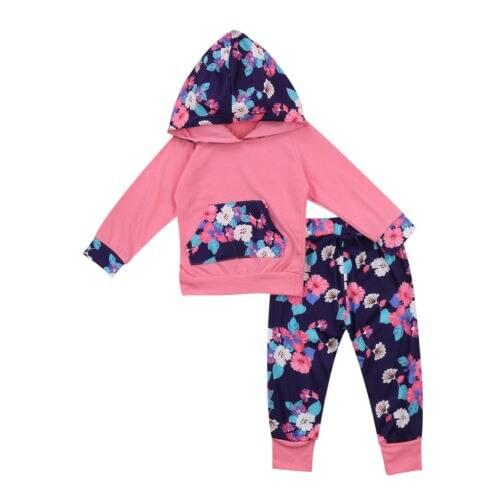 2021 0-3Y Autumn Toddler Baby Girl Clothing Patch Long Sleeve Hooded Sweatshirt With Pocket+Floral Print Pants Casual 2PCS