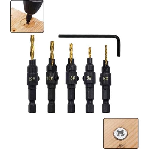 5pcs Countersink Drill Bit Woodworking Drill Bit Set Drilling Pilot Holes for Screw Sizes #5 #6 #8 #10 #12 with 1 Hex Key Wrench