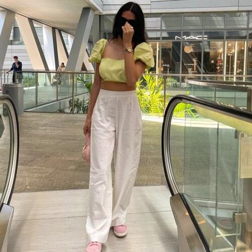 2021 New Arrivals Summer Women Short Backless Polyester Bandage Bow Fashionable Sweet Bubble Sleeve Top M21TP255