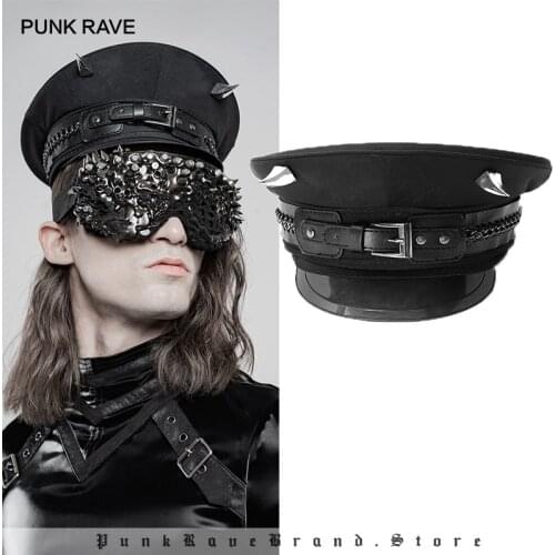 PUNK RAVE Mens Punk Handsome Military Hat Cool Pu Leather Buckles Demon Corner Nail Decorated Stage Performance Party Cap