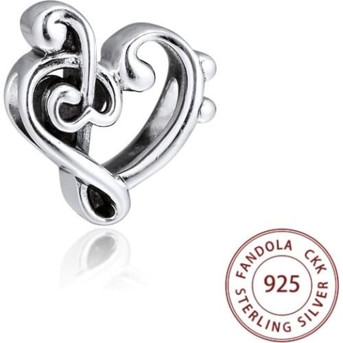 Fits Pandora Bracelet Argent 925 Sterling Silver Heart Treble Clef Charms Beads for Jewelry Making berloques Free Shipping