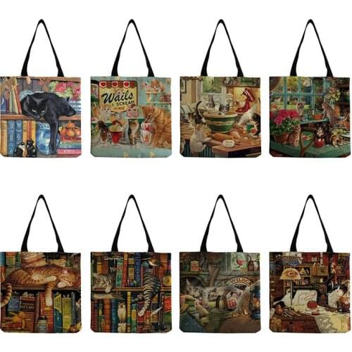Oil Painting Cat Printed Handbags Retro Fashion Shoulder Bag Art All-Match Tote Female High Capacity Shopping Bag Eco Beach Bag