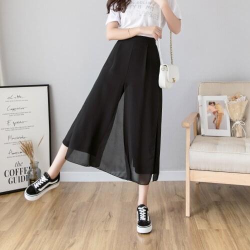 Thin Streetwear Summer 2021 High Waist Womens Choffon Capris Pants for Women Trousers Wide Leg Pants Woman Split Up Plus Size
