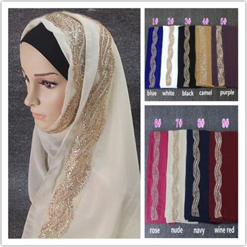 High quality plain bubble chiffon with lace sequin solid shawls headband hijab muslim foulard wraps scarf 10pcs free shipping
