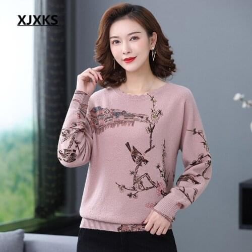 XJXKS Loose plus size fashion printed women sweater 2020 spring new high-end 100% pure wool knitted sweater women pullover