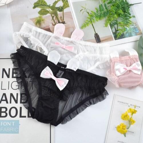 Japanese Sexy Lace See Through Panties Women Thongs Cat Bunny Ears Lingerie Cute Kawaii Panty for Young Girl White Black Pink
