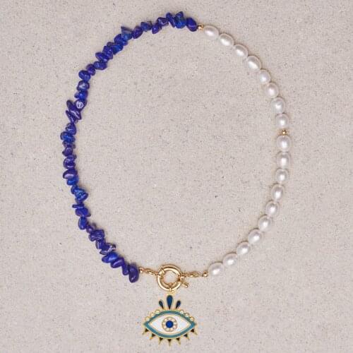 Women Baroque style natural freshwater pearl necklace natural stone Lapis Lazuli irregular blue enamel evil eye pendant necklace