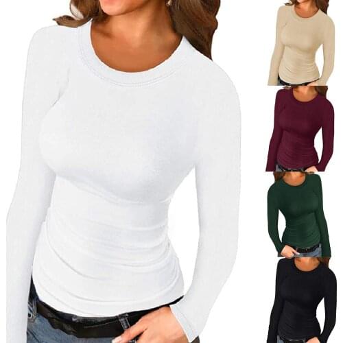 Women Autumn Winter Solid Color Long Sleeve O Neck Slim Bottoming Blouse Top