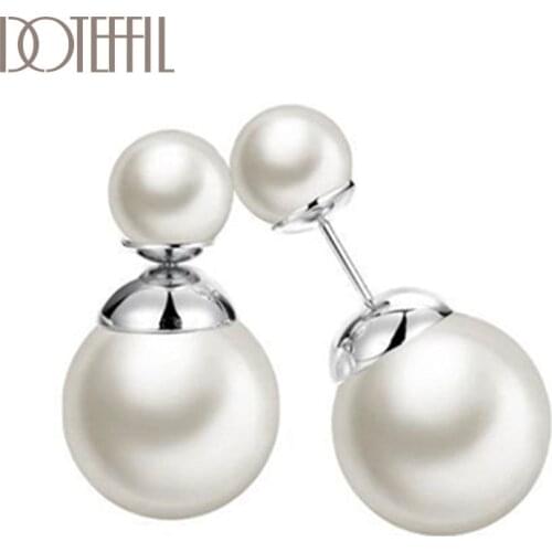 DOTEFFIL 925 Sterling Silver Spherical White/Black Pearl Earring For Woman Fashion Party Wedding Engagement Party Jewelry
