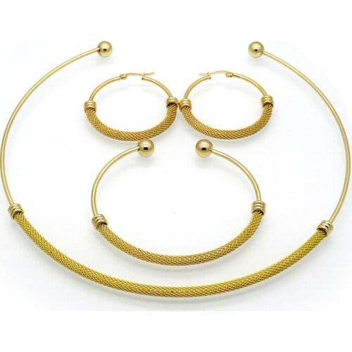 Fashion New design Stainless Steel Gold Choker Collar Bangle Bracelet +Earrings +Necklace Set Women