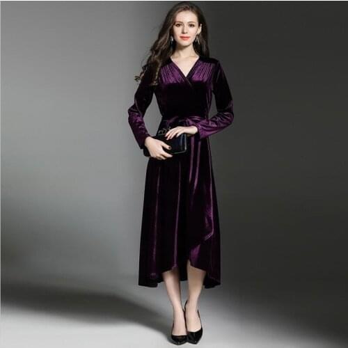 Autumn Women Solid Velvet A-Line Dress Winter V-Neck Long Sleeve Office Lady Dress Female Elegant Party Vestidos Plus Size M-8XL
