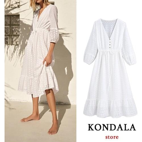 KONDALA Women White Lace Dress Za Fashion 2021 Hollow Out V Neck Dress Female Long Sleeve Ruffles Mid Calf Mujer Vestidos