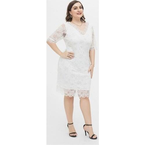 2021 Plus Size Dress 4XL Fresh Elegant Mid Sleeve Lace V Neck Knee Length Party Dinner Date Street Shooting Slim Straight