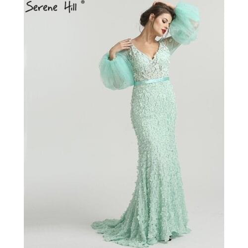 Long Sleeve Mint Green Beaded Floral Mermaid Formal Evening Party Prom Gown Dress Lebanon Gowns Dress Abendkleider 2020 BLA6514