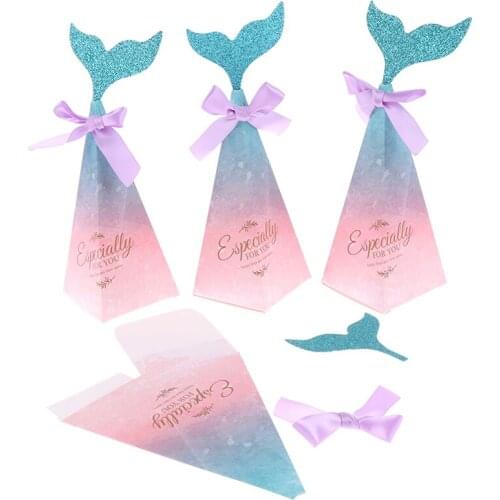 10pcs Mermaid Tail Candy Boxes Pink Mermaid Tail Bow Knot Gifts Box Kid Favors Wedding Theme Birthday Party Supply Boite Cadeaux
