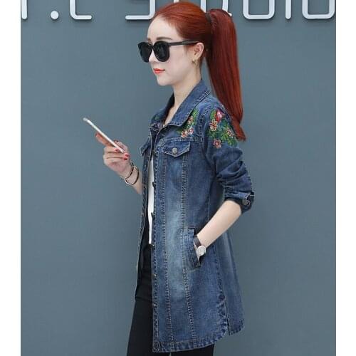 2019 Women Jacket Fashion Autumn Embroidery Plus Size Female Loose Denim Slim Long Jeans Cowboy Coat Female Korean AA5164
