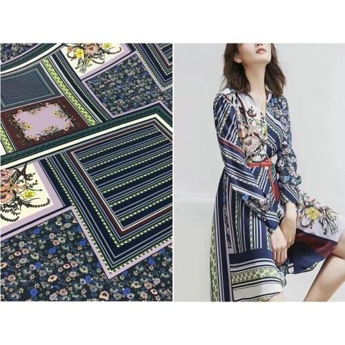 2021 European and American Brand Elastic Double Joe Fabric Geometric Patchwork Scarf Printing Mulberry Silk Skirt Shirt Fabric