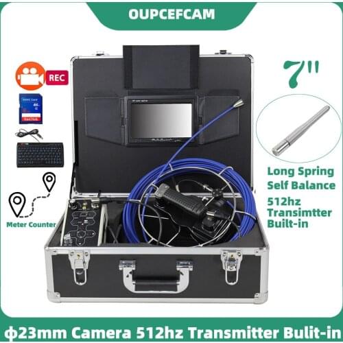 23mm Long Spring Self Balance Camera 512hz Transmitter Drain Pipe Inspection Endoscope 7" Screen DVR Keyboard Meter Counter