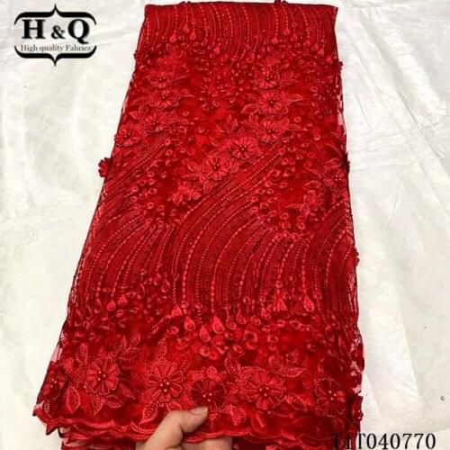 H&Q 3d applique embroidery french lace fabric african tulle mesh with beads and stones red nigerian fabrics for party dress
