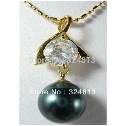 FREE SHIPPING>>>@@ > hot Black Sea Shell Pearl Round &Crystal Pendant Necklace