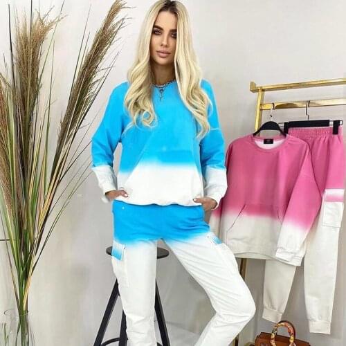 Free Shipping 2021 New Womens Loose Contrasting Color Sportswear Suit Casual O-Neck Pullover Sweater & Two-piece Elastic Pants