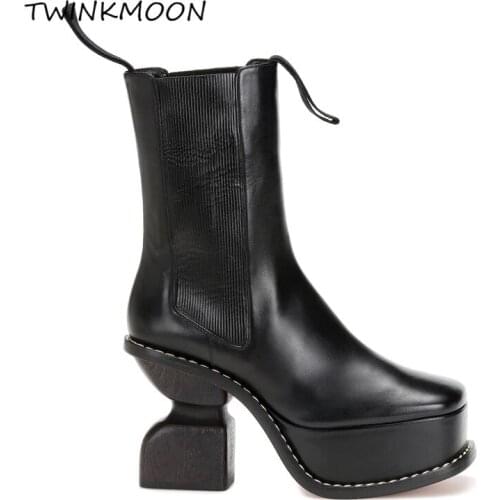 Strange Heel Platform Boots Womens Genuine Leather Shoes Black Runway Design Ankle Boots Ladies botas mujer
