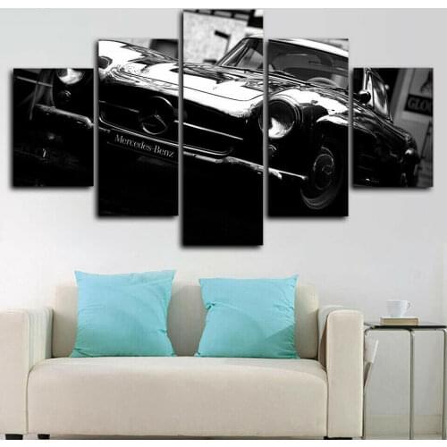 Black Classic Luxury Antique Car 5 Panel Canvas Picture Print Wall Art Canvas Painting Wall Decor for Living Room No Framed