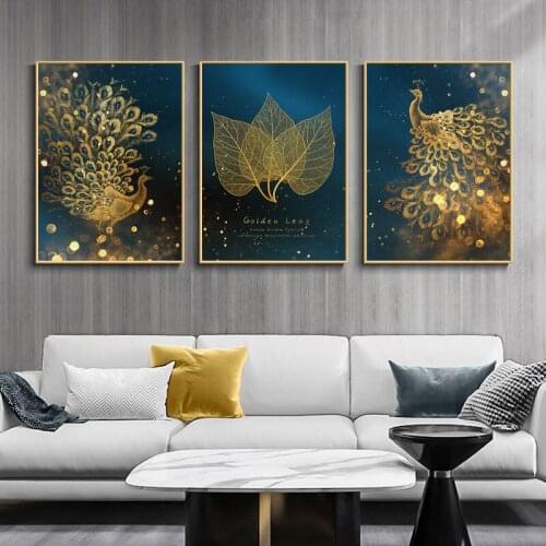 Nordic Decoration Golden Peacock Wall Art Leaf Poster and Print Canvas Painting Decorative Picture for Living Room Home Decor