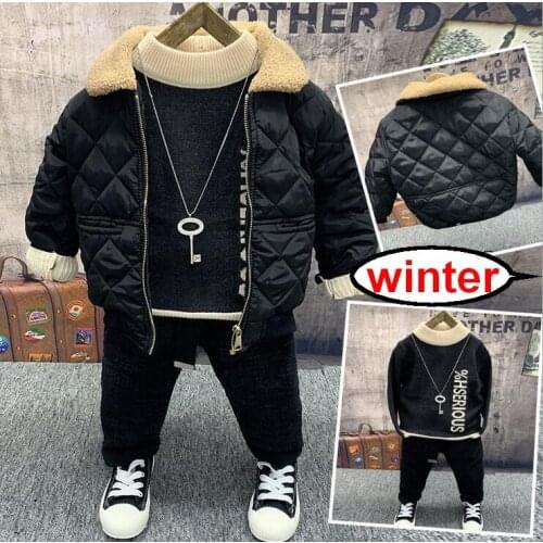 Children Boys winter Kids Clothing Sets Baby Kids warm coat,Knit sweater,plush jeans 3pcs Toddler Boys Sports Clothes Set 2-6Y