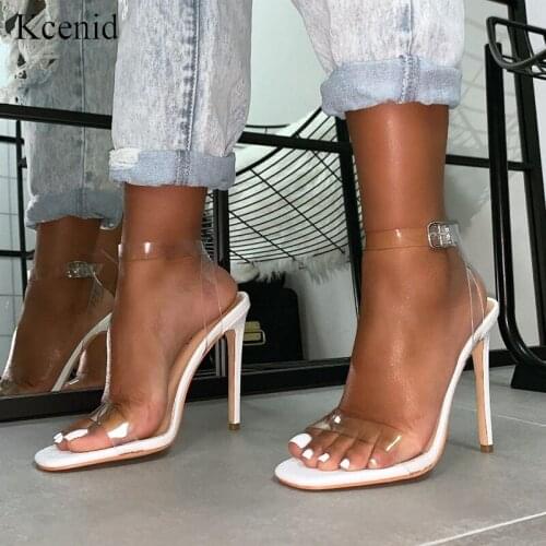 Kcenid New square toe summer women sandals fashion transparent strap buckle sexy high heels party dress ladies shoes white