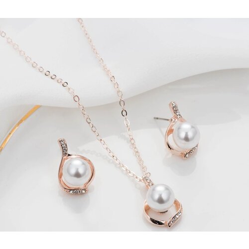 Fashion Pearl Rhinestone Inlaid Round Metal Hoop Pendent Earrings Necklace Set Korean Neck Ear Jewelry Sets for Women Girls Gift