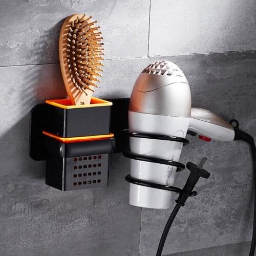Hair Dryer Holder Wall Mounted Black Gold Silver Bathroom Shelf Organizer Stand Washroom Accessories Metal Comb Storage Rack