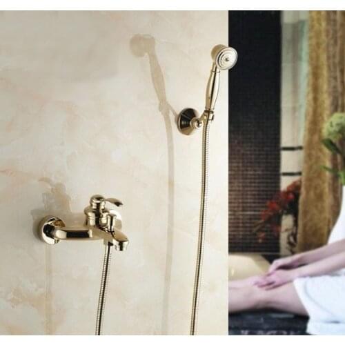 Gold Color Brass Wall Mounted Bathroom Single Handle Bathtub Faucet Tap Hand Held Shower set With Wall bracket &1.5m Hose atf401
