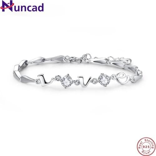 NUNCAD Womens Letter LOVE Round Diamond Zircon Wedding Silver Bracelets 925 Jewelry Paving Set CZ Zircon Crystal Jewelry