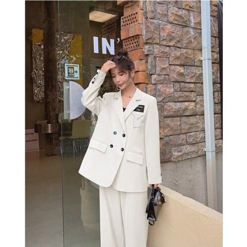 Obrix Office Lady Casual Style Set V-Neck Double Breasted Suit Jacket Female Straight Pants Fashion Outfit For Women