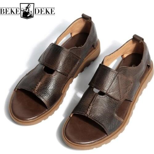 Summer Mens Open Toe Gladiator Fashion Hook Loop High Top Genuine Leather Beach Sandals Antiskid Flats Breathable Casual Shoes