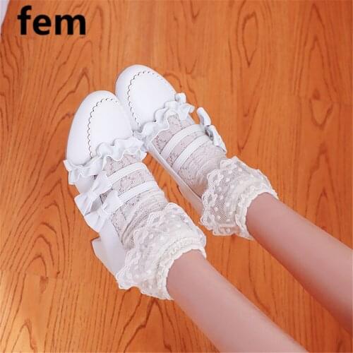 Lolita Shoes Butterfly Knot Women Pumps Sweet Mary Janes Low Heels Size 46 Women Shoes Sewing Pleated Cute Round Shoes Adorable