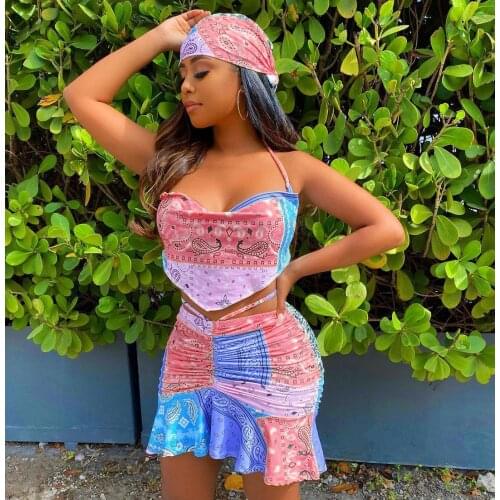 Vintage Floral Print Streetwear Skirts 2 Piece Outfits Sexy Halter Irregular Bandage Crop Top Ruffles Ruched Skirt Two Piece Set