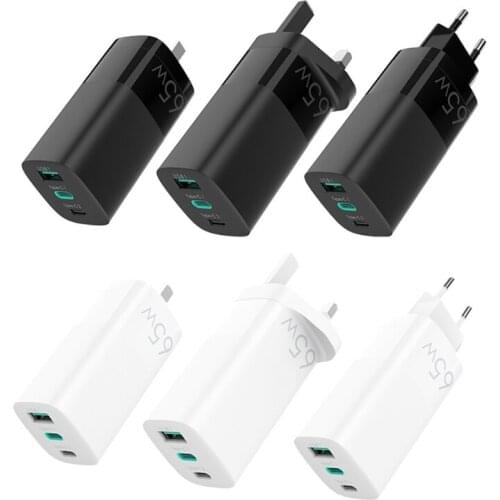 28EA USB C Charger 65W Gallium Nitride 3-Port Compact Phone Fast Charger Portable Desktop Tablet and More Black/ White