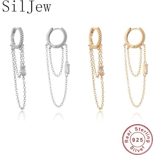 SilJew 925 Sterling Silver Long Chain Hoops Line Crystal CZ Loop Circle Double Chain Round Piercing Women Luxury Jewelry Brincos