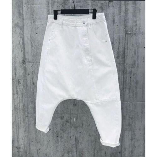 2021 Hot Women Drop Crotch Jeans Asymmetry Harem Fade Lightweight Denim Trousers Pants Sale Personality Solid Color