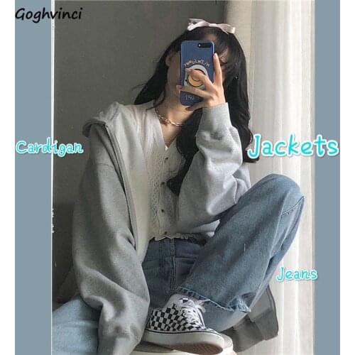 Women Sets 3Piece Hooded Outwear Basic Jackets Hollow Out Cardigans Wide Leg Jeans Kroean Style Elegant Students Loose Fashion