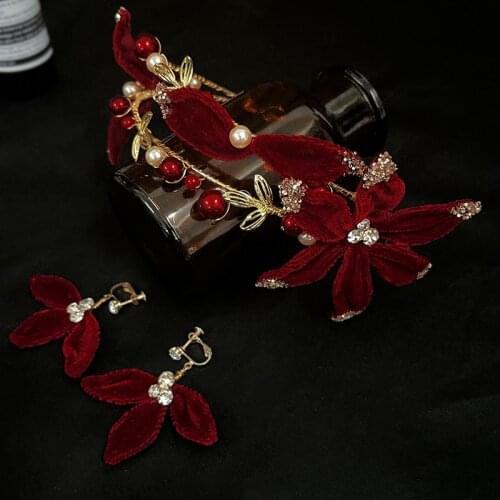 Red Velvet Flower Hairband For Women Luxury Bride Velour Hair Jewelry Earrings Set Bead Rhinestone Headband Wedding Headdress