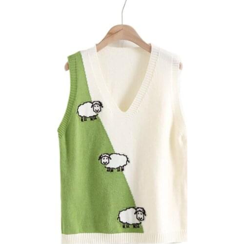 Kawaii Sheep Sweaters Vest Women 2021 Winter V- Neck Sleeveless Sweater Vintage Casual Ladies Knitted Pullovers Casual Outwears