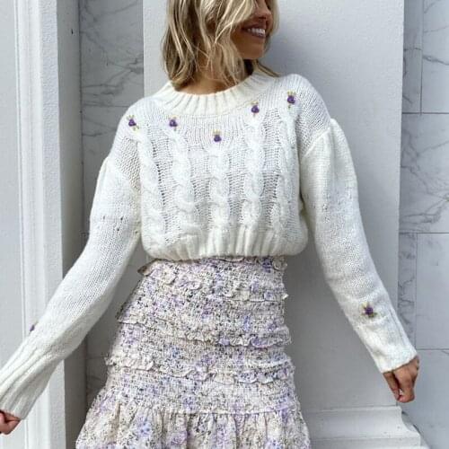 Foridol Flower Knitted Twist White Short Pull Femme O Neck Casual Autumn Sweater Jumper 2021 New Fashion Winter Sweater