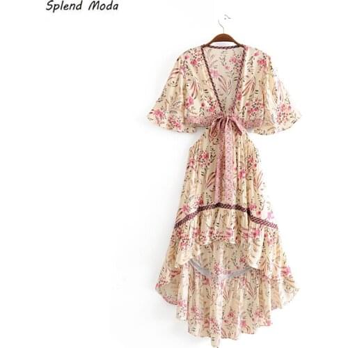 Splend Moda New 2021 Boho Floral Print Swing Dress Women Holiday Style Fashion Irregular Dresses Female Vestido De Moda