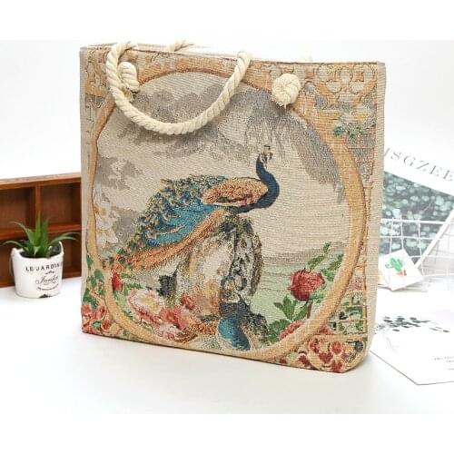 2021 National Style Canvas Shoulder Bag Bohemian Cloth Bag Embroidered Peacock Womens High Capacity Shopping Bags Handbags